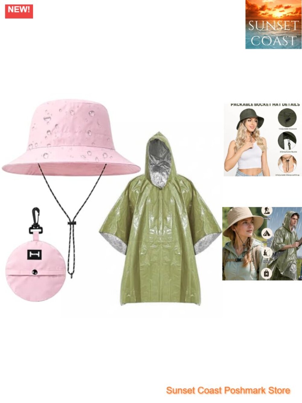 Waterproof Foldable Bucket Hat with Adjustable Chin Strap, Hooded Rain Poncho